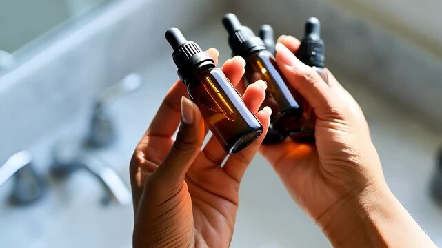 Person holding three amber glass dropper bottles in bathroom  