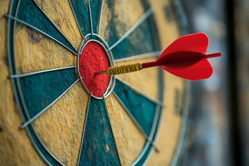 Bullseye success with dart hitting the red target center