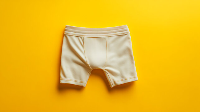 Pair of beige knit boxer briefs against a vibrant yellow backdrop. The briefs feature a comfortable waistband and a classic design, perfect for everyday wear.