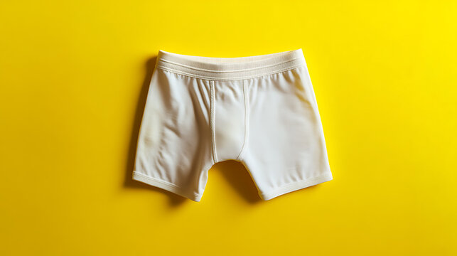 A pair of pristine white boxer briefs sits centered on a vibrant yellow backdrop, offering a clean and minimalist aesthetic, highlighting simplicity and comfort. Perfect fit.