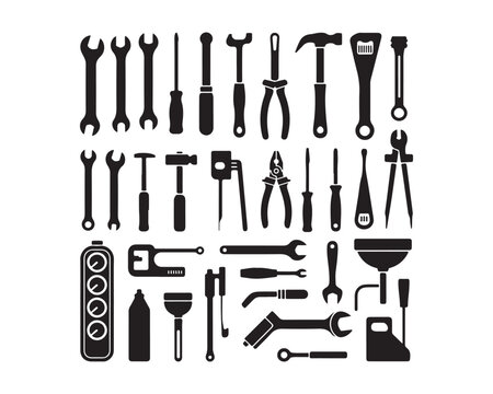 mechanic tools, ratchet wrench, Hammer, gear symbol, torque wrench, oil can, spanner pair, hex nut, flat screwdriver silhouette, mechanic tools black vector silhouette illustration different set