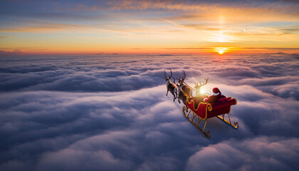 Fototapeta premium Santa's sleigh flying above the clouds at dusk, Santa's sleigh flying above an ocean of clouds illuminated by the sunset. Shades of orange, pink, and gold paint the sky