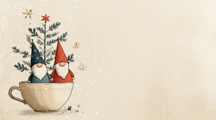 Festive gnomes in a teacup with a tiny Christmas tree and whimsical snowflake background