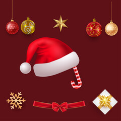 Collection of festive Christmas decorations including a Santa hat, ornaments, snowflake, ribbon, and gift box on a red background.