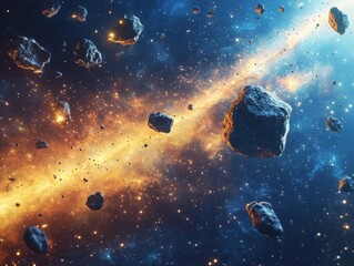 Awe-Inspiring Cosmic Dance: Majestic Asteroids Drifting Through a Vibrant Nebula, Illuminated by a Dazzling Starfield of Orange and Blue Hues, Portraying the Vast Beauty of Deep Space