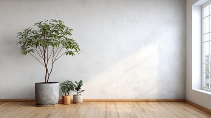 Several potted tropical foliage plants adorn the corner of a bright room with wooden flooring and a textured white wall.