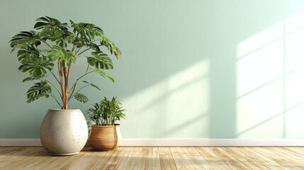 Two potted tropical plants rest against a pale green wall with bright sunlight casting a window pattern on the surface