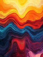Dynamic Abstract Flow: Vivid Textured Waves Unfurl in a Rich Gradient of Radiant Yellows, Fiery Oranges, Deep Crimson, Tranquil Blues, and Ethereal Purples