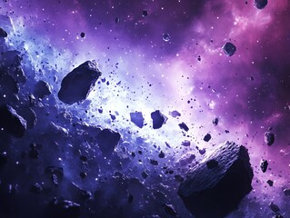 Dynamic Asteroid Field Drifting Through a Mystical, Star-Dusted Cosmic Nebula, Bathed in Radiant Purple and Blue Hues, Portraying Deep Space Wonders