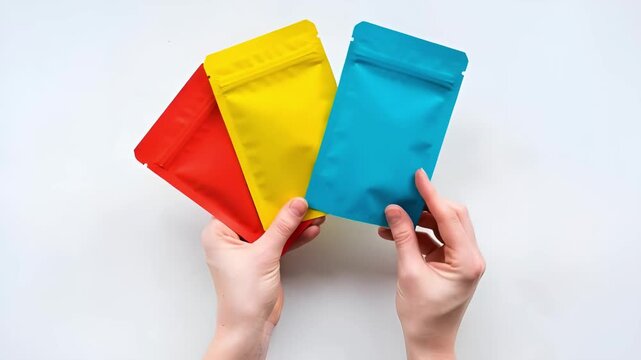 Hands holding colorful packaging bags in red, yellow, and blue  