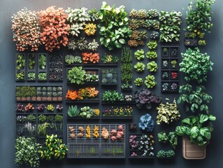 Meticulously Arranged Vertical Garden: A Vibrant and Diverse Collection of Indoor Plants, Colorful Flowers, and Lush Foliage, Artfully Displayed on a Dark Wall for Modern Biophilic Green Decor.