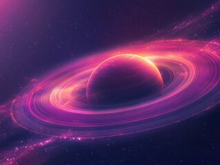 Radiant Ringed Planet, bathed in ethereal pink and purple light, dominates a swirling cosmic dust cloud and starlit galaxy, showcasing the vibrant and mysterious beauty of deep space.