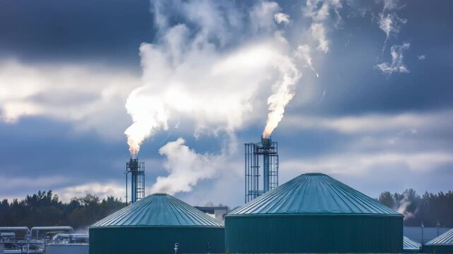 Medium shot of biogas combustion units fueled by captured methane near a waste processing plant illustrating efficient renewable energy generation from emissions.
