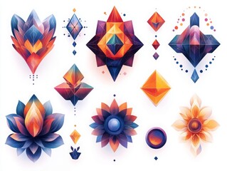 Vibrant Geometric & Floral Abstractions: Diverse crystal-inspired shapes, stylized lotus petals, and intricate patterns, showcasing radiant blue, orange, and purple gradients on pristine white.