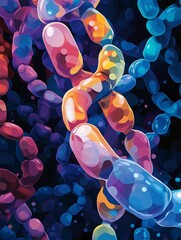 Vibrant Interconnected Microorganisms: A Luminous Abstract Depiction of Dynamic Cellular Chains and Biological Forms, Glowing in Iridescent Hues Against a Dark Canvas, Evoking Scientific Wonders.