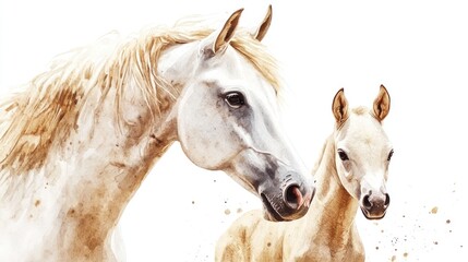 Obraz premium Watercolor painting of a mare and foal with a bright white background