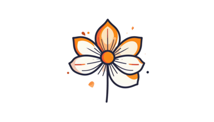 A stylized floral illustration with white petals, orange accents, a dark outline, and a black background