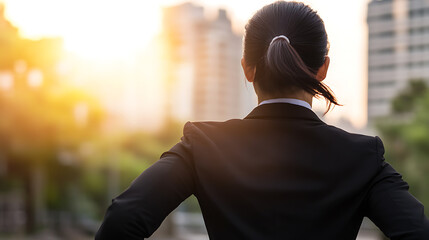 A determined business woman gazes upon the cityscape at sunset. She reflects on achievements & anticipates future prospects with purpose, dressed in a formal suit.
