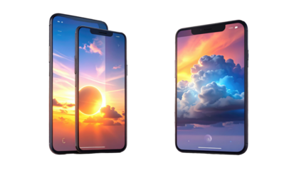 Three mobile devices display a vibrant sunset over clouds with color gradients and minimal bezels against a black backdrop