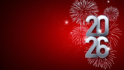 2026 New Year Fireworks Celebration On Red Festive Background