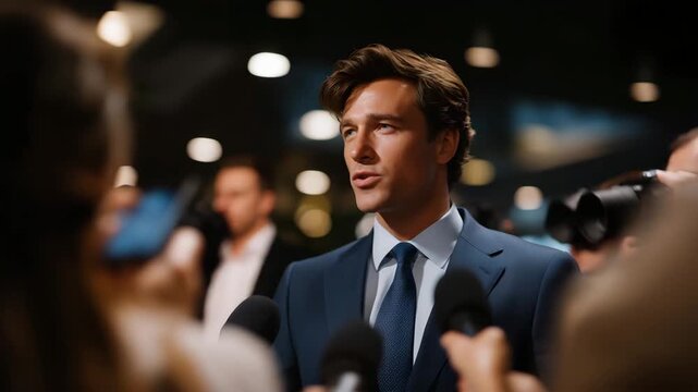 An ambassador addressing a crowded press conference as reporters raise microphones and jot down notes, responding calmly to challenging international questions &mdash; public diplomacy, transparent