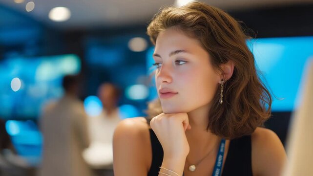 A young interpreter in a sleek booth translating for an international startup pitch competition, watching founders pitch on large LED panels &mdash; global entrepreneurship, real-time language support,