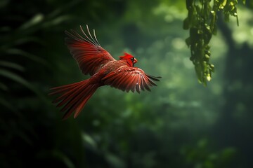 Bright red cardinal bird in mid flight surrounded by green foliage in natural sunlight wildlife flying