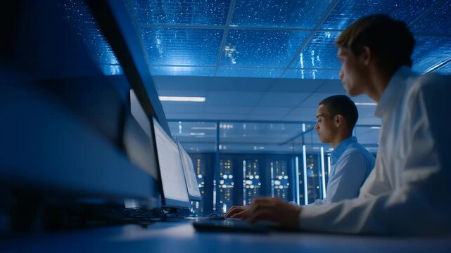 A cloud data center humming under blue ambient lights as technicians perform overnight maintenance on server racks &mdash; continuous computing power, digital infrastructure uptime, and seamless cloud