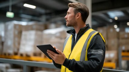 A distribution center supervisor reviewing real-time shipping data on a tablet while standing on a mezzanine overlooking rows of organized pallets — digital logistics leadership, warehouse - Powered by Adobe