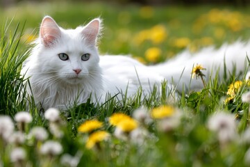 Portrait of a smiling turkish angora cat over bright spring meadow.