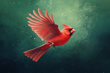 Vibrant red cardinal bird in mid flight with spread wings against green sparkle background wildlife flying