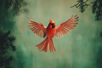 Bright red cardinal bird in mid flight with outspread wings in soft green forest background bird in flight