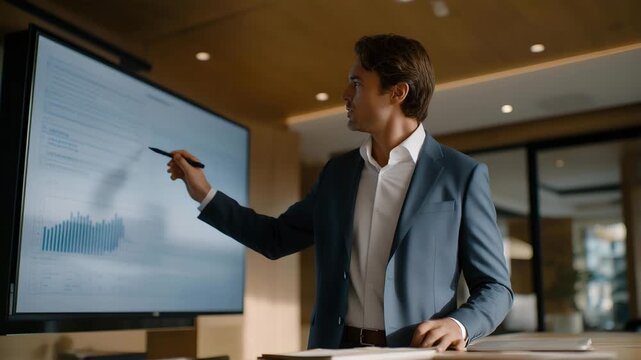 A sales representative conducting a software demo in a sleek conference room, projecting analytics dashboards on a large screen as clients take notes &mdash; enterprise SaaS presentation, corporate