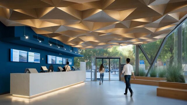 A school reception area where a staff member welcomes parents and students while digital screens show announcements &mdash; educational front-desk workflow, community engagement, and modern campus