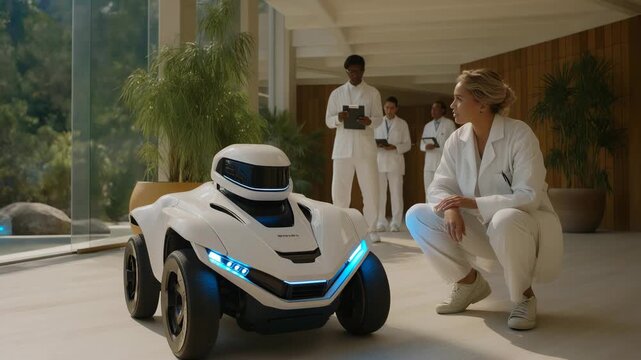 A robotics team performing a demo of an autonomous robot navigating obstacles in a lab, researchers watching closely with clipboards &mdash; futuristic innovation, AI-powered engineering, and real-world