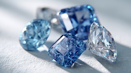 Sparkling blue and clear diamonds on white surface