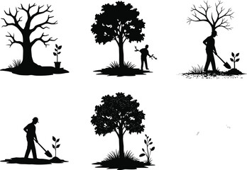 Silhouette of people planting trees, environmental conservation vector illustration, nature care and reforestation concept, save earth awareness design, eco-friendly growth symbol art