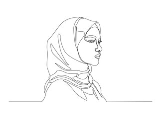 One Line Drawing of Beautiful Woman Wearing Hijab in Profile. young Muslim woman wearing a traditional hijab headscarf line art.