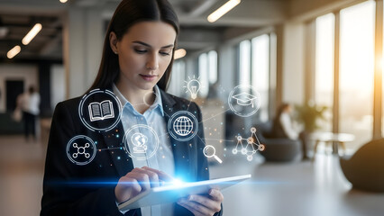 Woman interacting with virtual interface in modern office environment