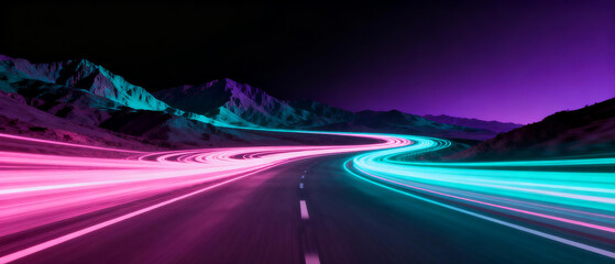 Neon - lit winding road at night