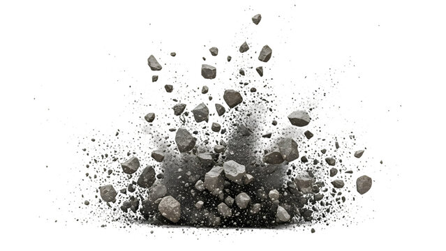 Gray rocks and debris explosion isolated on a transparent background destruction