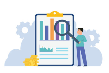 Man examining growth chart data with a magnifying glass. Overviewing finances, research, analysis, statistics, business strategy, market trends