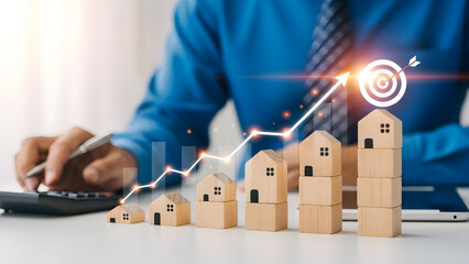 Focused financial planning for real estate investment growth, visualizing housing market potential and wealth accumulation with upward trends towards clear business objectives
