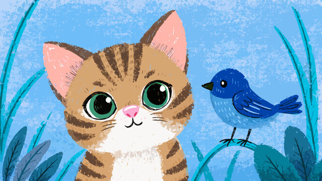 Cute cartoon kitten looking at a small blue bird in grass