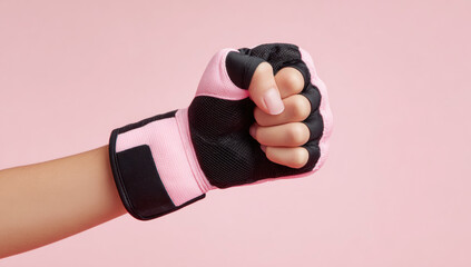 Fototapeta premium Hand wearing a pink gym glove making a fist. Concept of strength, fitness, female empowerment, determination, and success