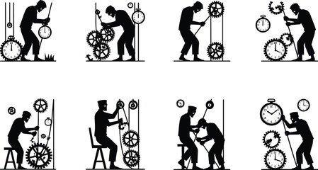 Silhouette workers with gears, pulleys, clocks, mechanical systems, time management concept, teamwork, labor metaphor, vector illustration, black figures, industrial theme