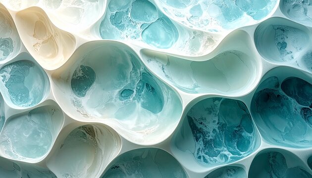 A seamless blue abstract background features a flowing liquid texture with circular patterns reminiscent of microscopic biological cells or virus structures in a scientific light - Powered by Adobe