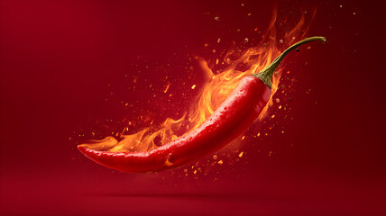 Red chili pepper with chili splashing elements isolated on the red color background, chili powder with fresh red chili peppers.