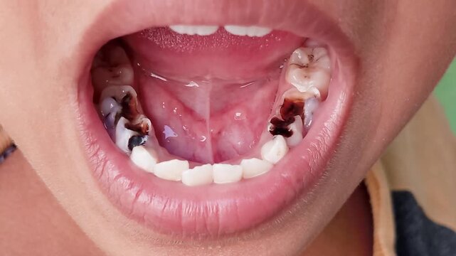 Tooth decay in children is caused by the accumulation of plaque containing bacteria that convert sugars from food and drinks into acids that then erode tooth enamel, causing cavities or caries.
