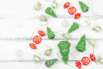 Creative Christmas composition. Traditional New Year decor, holiday symbols